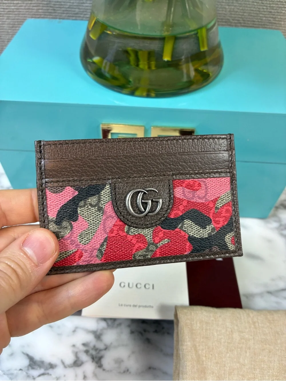 Gucci Camouflage Red and Pink Canvas & Leather Card Case - NWOT w/ Box